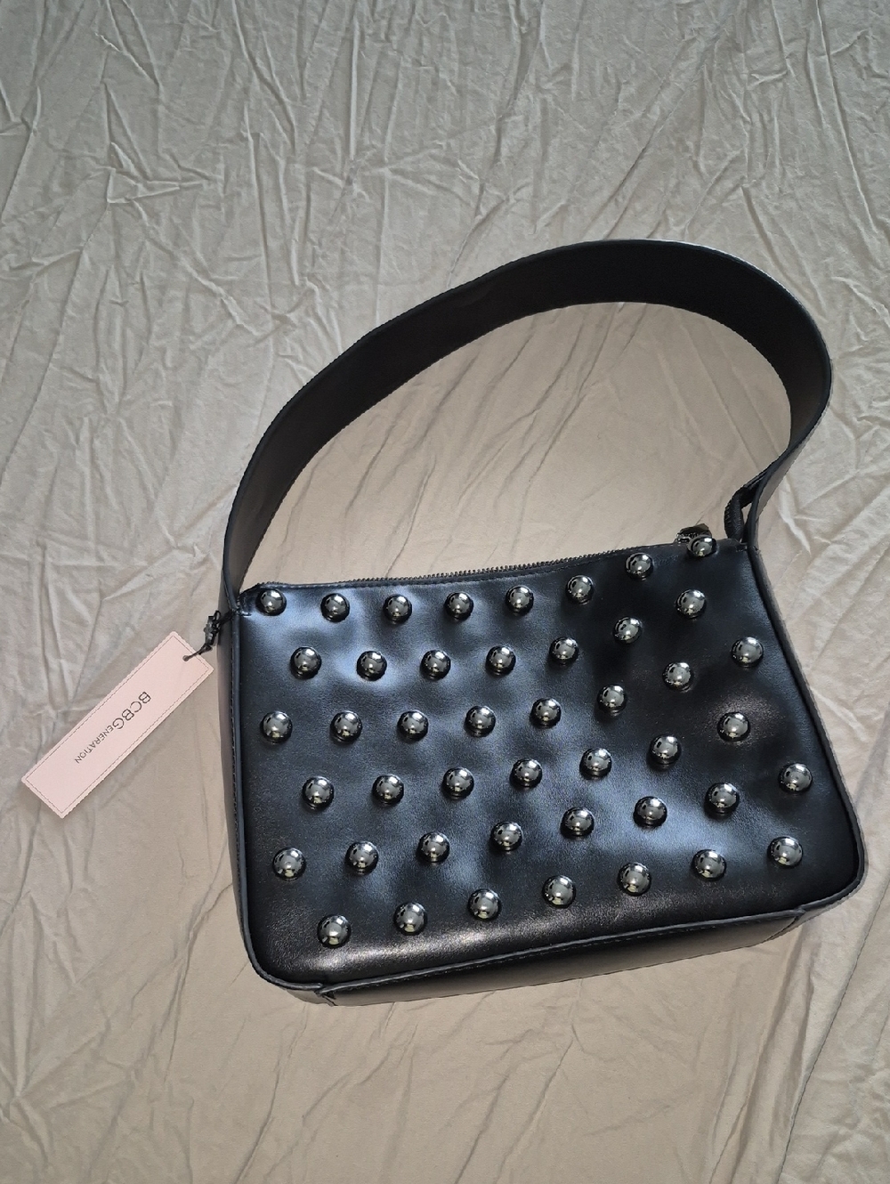 BCBGeneration Black Studded Shoulder Bag with Silver Accents
